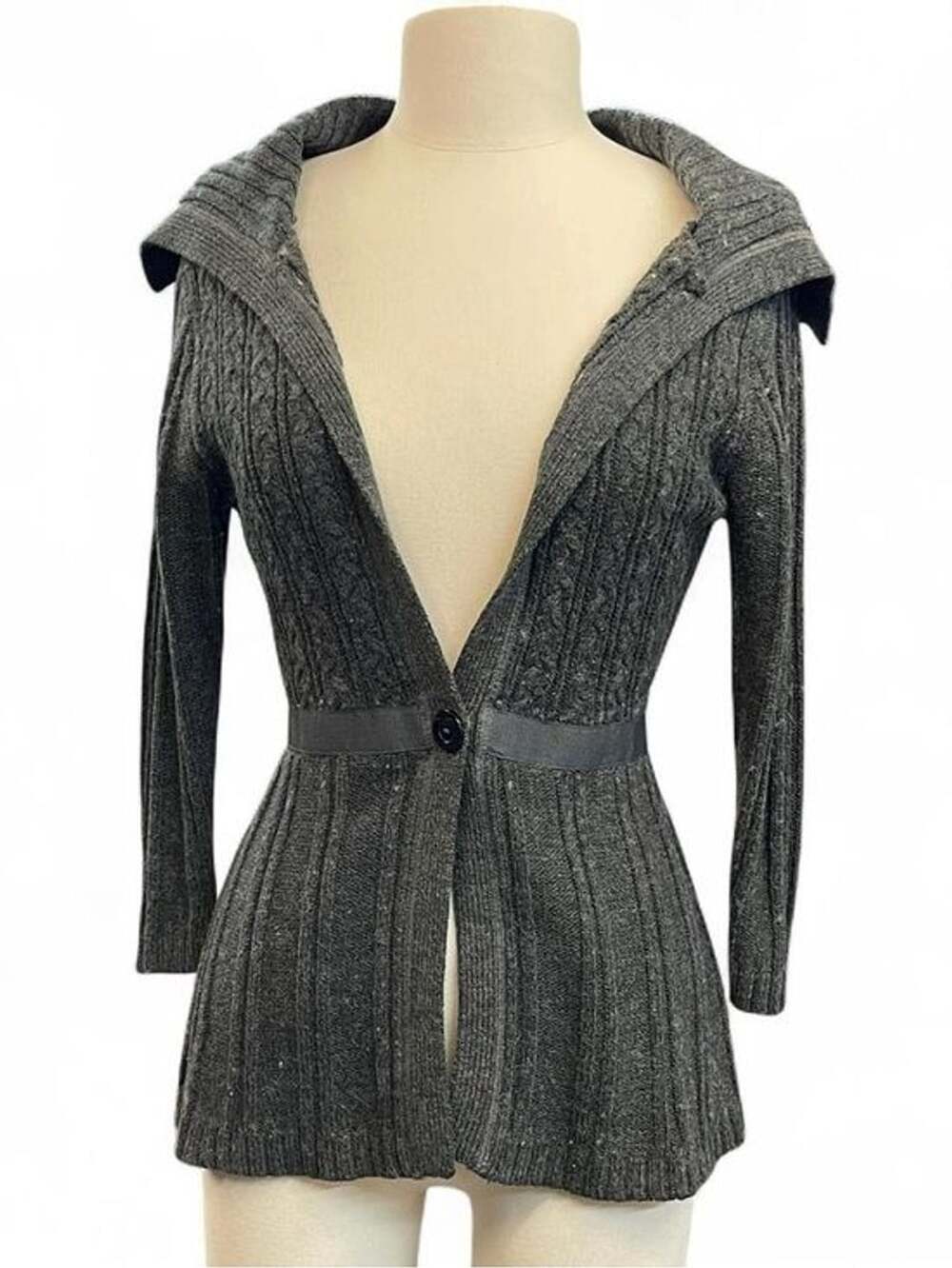 Y2K SO Charcoal Gray Cable-Knit Long Sleeve Sailor Cardigan Ribbon Trendy 2000s